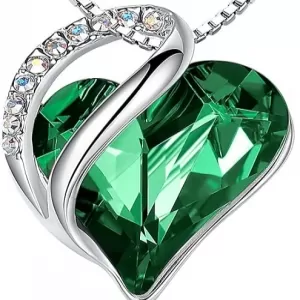 Leafael Birthstone Heart Necklace – May Emerald Green Crystal, Rhodium Plated, Mother's Day Gift
