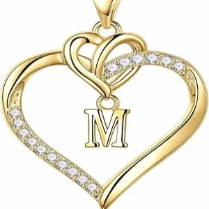 STORUP Heart Initial Necklace – 14k Gold Plated, A-Z Letters, Cubic Zirconia, Mother's Day Gift