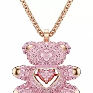 Swarovski Teddy Bear Necklace – Pink Crystal, Rose Gold-Tone Finish, Playful Pendant with Dancing Heart