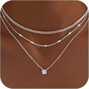 WomenGifts Layered Necklace Set – Silver Plated, Cuban + Dot + CZ Pendant, 3-Piece Stackable Jewelry