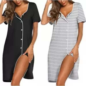 Ekouaer 2 Pack Button Down Nightgown: Short Sleeve Sleepshirt, Black/Grey Stripe