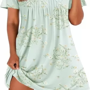 Ekouaer Pleated Nightgown: Short Sleeve Lace Trim, Floral Light Green