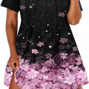 Ekouaer Pleated Nightgown: Short Sleeve Crew Neck Sleepshirt, Black Pink Sakura