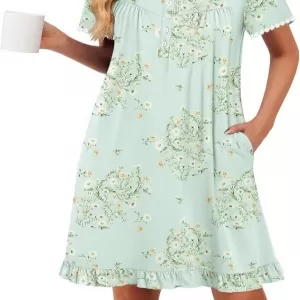Ekouaer Ruffled Nightgown: Short Sleeve Lace Trim with Pockets, Green Flowers