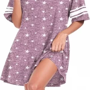 REGAI Nightgown: Short Sleeve V Neck Sleep Shirt, White Stars Print