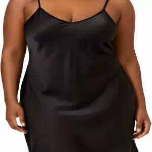 Vinavelle Satin Nightgown: Silky A-Line Chemise, Adjustable Straps, Midnight Black