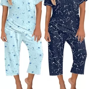 Ekouaer 2 Pack Pajama Set: Cap Sleeve Top and Capri Pants, Blue Stars & Moon