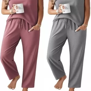 Ekouaer 2 Pack Pajamas Set: Cap Sleeve Top and Pants, with Pockets
