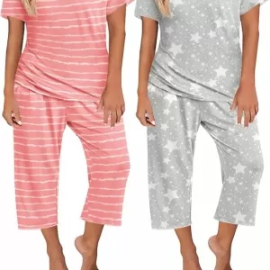Ekouaer 2 Pack Pajama Set: Cap Sleeve Top & Capri Pants, Colorful Prints