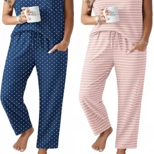 Ekouaer 2 Pack Pajamas: Cap Sleeve Top & Pants, Pink Stripe/Blues Dots