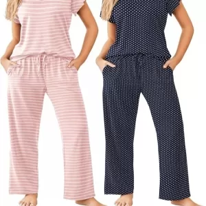 Ekouaer 2 Pack Pajama Set: Short Sleeve Top with Pants, Pink Stripe/Navy Dots