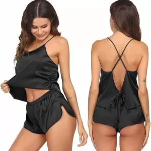 Ekouaer Backless Silk Pajama Set: Cami Top and Shorts, Black