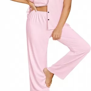 Ekouaer Button Down Pajama Set: Short Sleeve Top and Long Pants, Pink