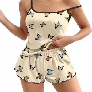 Ekouaer Cami Pajama Set: Tank Top and Shorts, Beige Butterfly Print