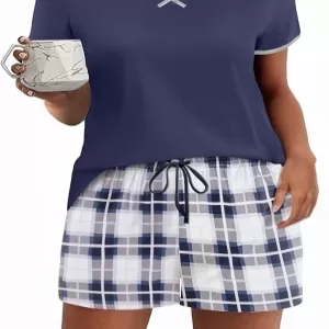 Ekouaer Casual Short Set: Short Sleeve Top and Shorts, Navy Plaid