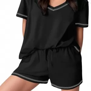 Ekouaer 95% Cotton Pajama Set: Short Sleeve Top and Shorts, Black