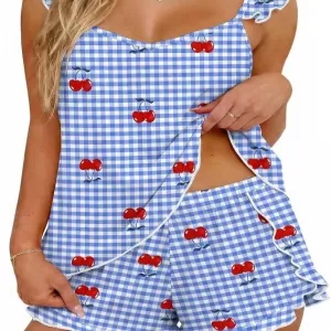 Ekouaer Ruffle Cami Pajama Set: Gingham Cherry Print, 2 Piece Shorts Set