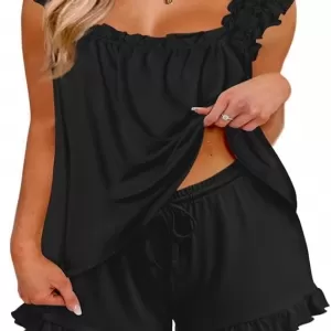 Ekouaer Ruffle Pajama Set: Tank Top and Shorts, Bridal Sleepwear, Black