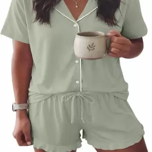 Ekouaer Ruffled Pajama Set: Button Down Short Sleeve Top and Shorts