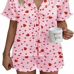 Ekouaer Satin Pajama Set: Bow Front Tie Up, Love Printed Short Sleeve Shorts