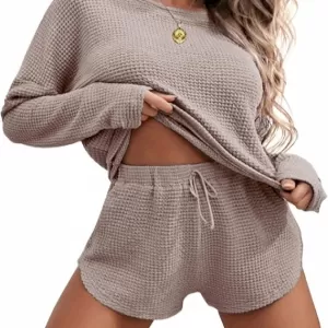 Ekouaer Waffle Knit Pajama Set: Long Sleeve Top and Shorts, with Pockets