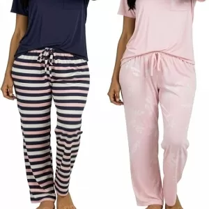 Real Essentials 2 Pack Pajama Set: V Neck Top, Drawstring Pants, Soft