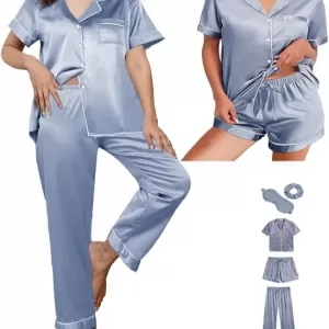 WJing Yi Jia 5Pcs Silk Satin Pajama Set: Short Sleeve, Eye Mask, Scrunchie