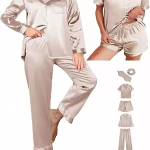 WJing Yi Jia 6Pcs Silk Satin Pajama Set: 2 Tops, 2 Bottoms, Eye Mask, Scrunchy