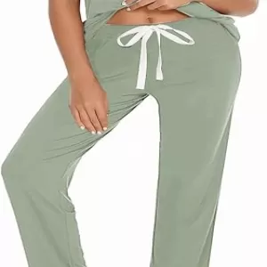 WJing Yi Jia Soft Pajama Set: Short Sleeve Top and Long Pants, Sage