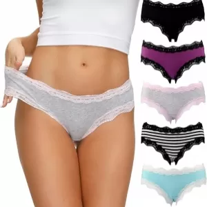 LYYTHAVON Cotton Briefs: Lace Trim Panties, 5 Pack Multicolored