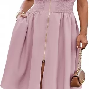 GRACE KARIN Summer Casual Dress – Cap Sleeve Zipper Front Flowy Midi Work Office Dress with Pockets (Grey Pink)