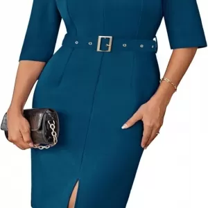 GRACE KARIN Work Dress – 3/4 Sleeve V Neck Bodycon Sheath Office Business Dress with Belt (Peacock Blue)