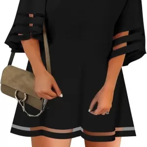 LookbookStore Casual Mesh Panel Dress – 3/4 Bell Sleeve Loose Tunic Dress for Women