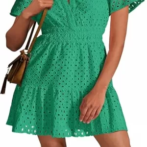 PRETTYGARDEN 2026 Summer Short Dress – V Neck Short Sleeve A-Line Hollow Out Lace Cute Casual Beach Party Spring Dress (Green)