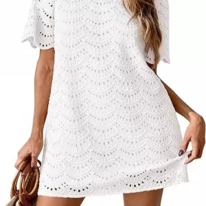 PRETTYGARDEN 2026 Casual Short Dress – Embroidered Lace Short Sleeve Boho Mini Beach Vacation Clothes (White)
