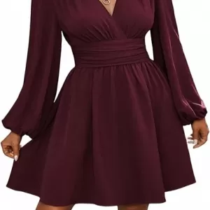 SOLY HUX Elegant Short Dress – V Neck Long Sleeve High Waist Swing Prom Cocktail Dress