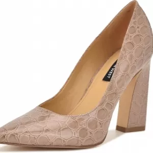 Nine West Women's Tamant Dress Pump – Block Heel Pointed Toe Slip-On Faux Patent Leather Shoes