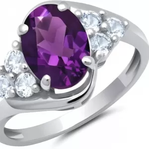 MAX + STONE Oval Sunburst Halo Ring – 10K White Gold, Amethyst & White Sapphire, February Birthstone
