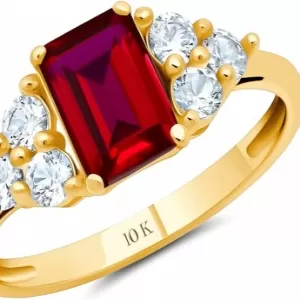 MAX + STONE 10K Gold Ruby Ring – Emerald Cut, July Birthstone, White Sapphire Halo
