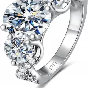 3 Stone Moissanite Engagement Ring – 4.6CT Total, S925 Sterling Silver, D Color VVS1, Round Cut