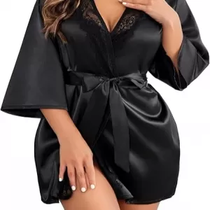 Avidlove Satin Kimono Robe: Short Silky Robe, Floral Black