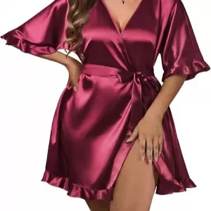 Ekouaer Ruffled Satin Robe: Short Kimono Bathrobe, Wine Red