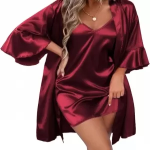 Ekouaer Silk Robe Set: V Neck Satin Bathrobe & Nightgown, Wine Red