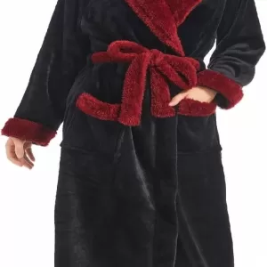Inner Wish Hooded Plush Robe: Flannel Warm Bathrobe, Black Burgundy