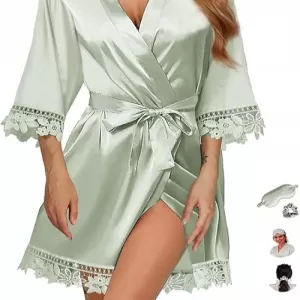 WJing Yi Jia 3Pcs Satin Robe Set: Silky Kimono Robe, Eye Mask, Scrunchie