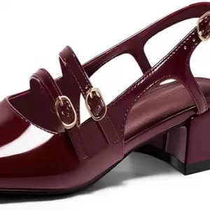 Coutgo Women's Mary Jane Chunky Low Heels – Closed Square Toe Slingback Pumps Wedding Dress Shoes (Dark Red)
