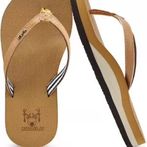 KuaiLu Women's Arch Support Flip Flops – Yoga Mat Thong Sandals with Cushioned Footbed (Khaki)