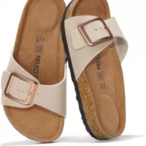Project Cloud Ibiza Leather Sandals – Genuine Leather Slides with Memory Foam & Cork Footbed (Nude)