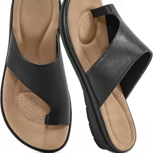 Reimferce Summer Flat Sandals for Women – Orthopedic Casual Walking Slides with Cushioned Insole (Black)