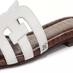 Sam Edelman Women's Bay Flat Sandal – Double E Logo Leather Slide Sandal for Women (Bright White)